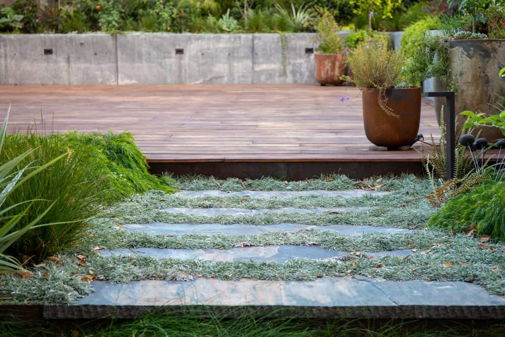picture of steppers with plants, deck, and a retaining wall